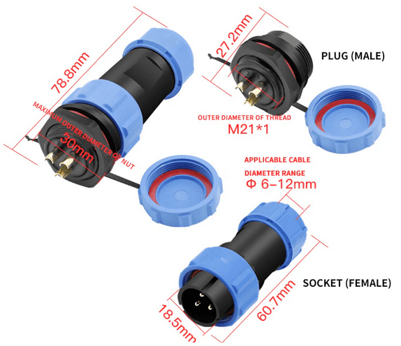 Conector de alta corriente IP67 4P panel pasante 30A